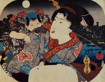 En kvinna som bär ett barn på ryggen (träblockstryck) av Utagawa Kunisada