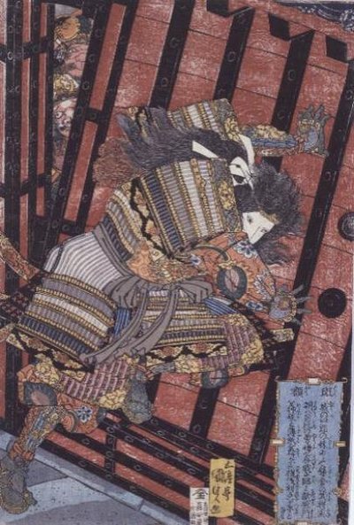 Hangaku försvarar porten, c.1830 av Utagawa Kunisada