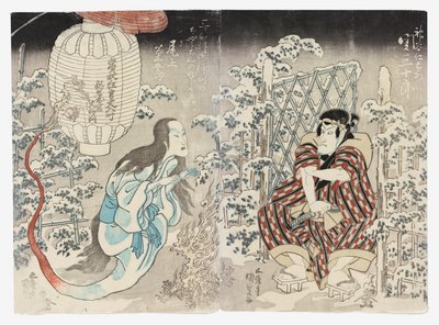 Seki Sanjūrō II som Kamiya Niemon och Onoe Kikugorō III från Kamigata (Kudari) som lyktspöket, applåderat i de tre städerna (Sanganotsu gohyōban no chōchin no yūrei) av Utagawa (1786 1865) Kunisada