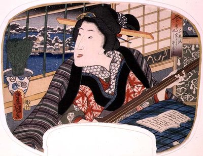 Winter, Shinobazu Pond; En geisha som övar en ballad, design för en fläkt från en serie på fyra som illustrerar årstiderna av Utagawa Kunisada