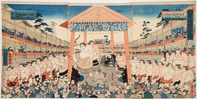 Kanjin Ozumo (procession av sumobrottare för en insamlingskamp). Tryck av Utagawa Kunisada (1786-1865) - Kanjin Ozumo, av Kunisada (Toyokuni III), Utagawa (1786-1865). Färgträsnitt, ca. 1850. Mått : 37,5x75,5 cm. Privat samling av Utagawa Kunisada