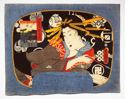 Courtesan med lång pipa, Hachiman tempel infällt till vänster av Utagawa Kunisada