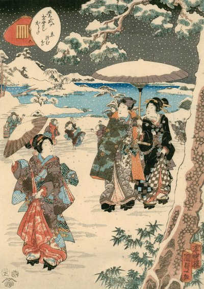 Figurer med parasoller i snö (En scen ur Sagan om Genji) (träsnitt i färg på papper) av Utagawa (1786 1865) Kunisada
