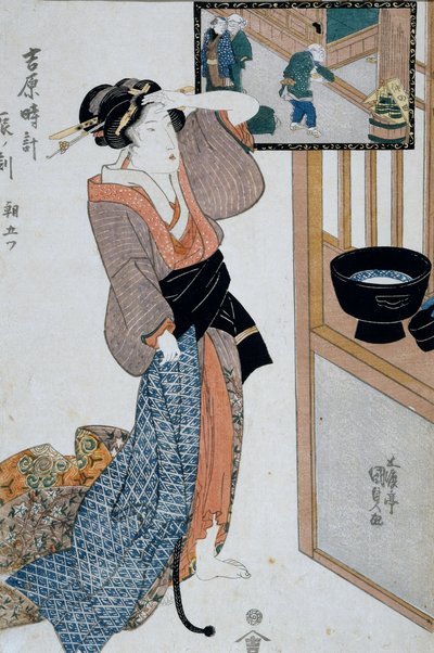 Hour of tiger, seventh hour of morning, Ca 1818, Ukiyo-e konsttryck av Utagawa Kunisada (1786-1865) från The 12th hour in Yoshiwara, Oban-tate-e träsnitt, 37x24,9 cm, japansk civilisation av Utagawa Kunisada