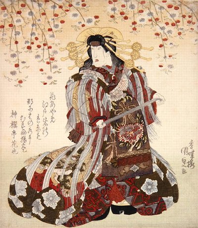 Iwai Kumesaburo II som Agemaki i Sukeroku yukari no Edo zakura c.1830 (färgat träsnitt) av Utagawa Kunisada