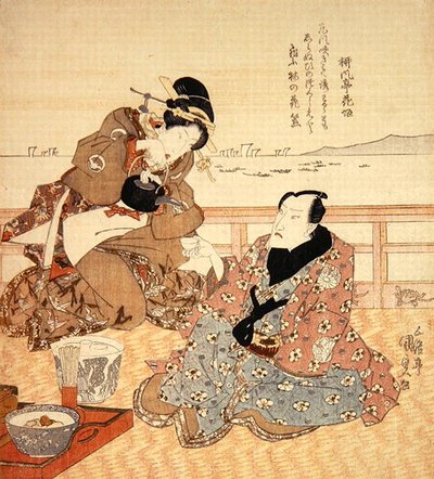 Onoe Kikugoro III tar te på Shinagawa, ca 1825 (färgat träblock) (se även 282741) av Utagawa Kunisada