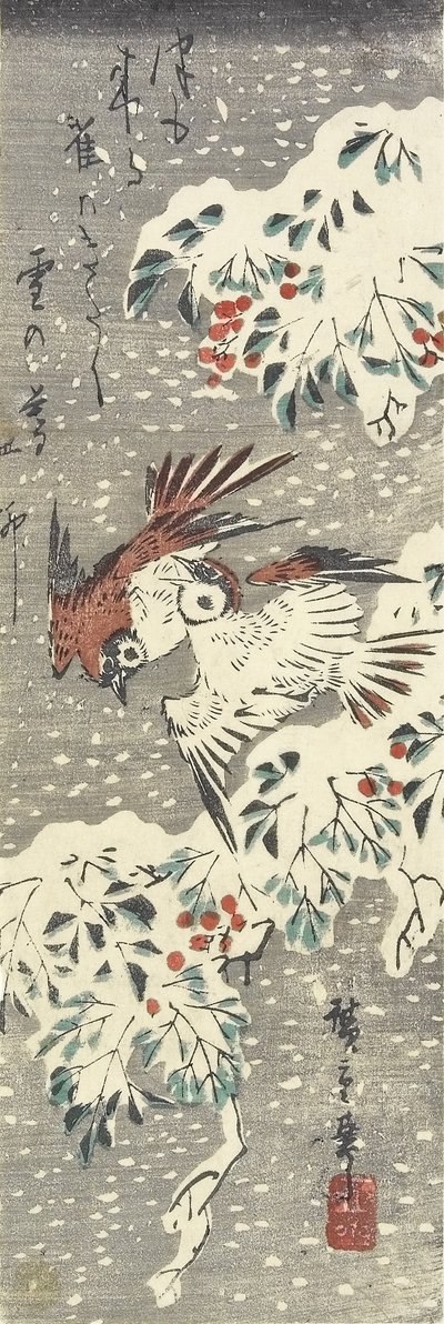 (Himmelsk bambu och sparvar i snö), 1830-1858 av Utagawa Hiroshige