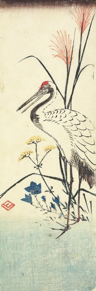 (Pampasgräs, Patrinia, kinesisk klockblomma och en trana), 1830-1858 av Utagawa Hiroshige