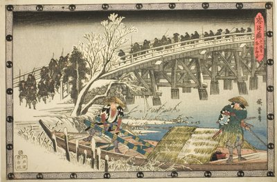 Akt 11, del 1: The Approach to the Night Attack (Juichidanme ichi, yochi oshiyose), från serien "The Revenge of the Loyal Retainers (Chushingura)" av Utagawa Hiroshige