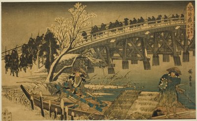 Akt 11, del 1: The Approach to the Night Attack (Juichidanme ichi, yochi oshiyose), från serien "The Revenge of the Loyal Retainers (Chushingura)" av Utagawa Hiroshige