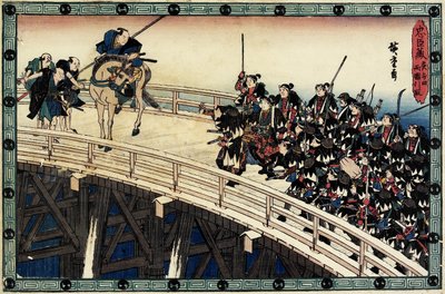 Akt 11 Scen 5 av Night Attack; Att bli arresterad på Ryo_goku-bron, ca. 1838 av Utagawa Hiroshige