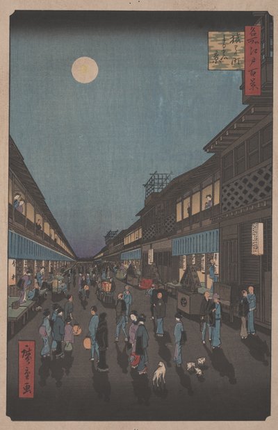 Efter "Night View of Saruwaka-machi" (Nattvy av Saruwaka-machi) av Utagawa Hiroshige
