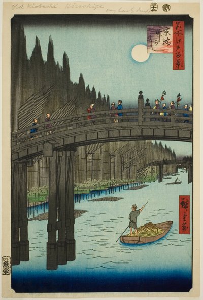 Placera m bok oya rds plan d living bri dge (ibashi bamboo river bank), från serien s ``Ridge part d re d fa net s view ws f Edo (berömd plats 100 vyer av Edo)