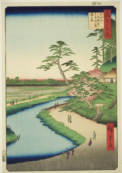 Bashos stuga på Camellia Hill bredvid akvedukten vid Sekiguchi (Sekiguchi josui-bata Bashoan Tsubakiyama), från serien "Hundra berömda vyer av Edo (Meisho Edo hyakkei)" av Utagawa Hiroshige