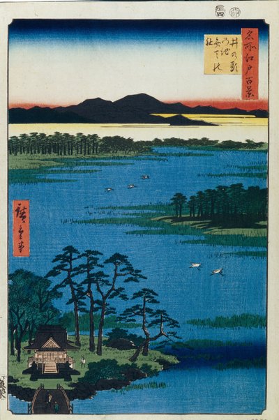 Benten Shrine vid Inokashira Pond. Hundra berömda vyer av Edo, ca. 1858 av Utagawa Hiroshige