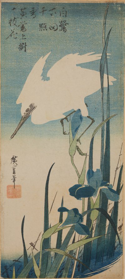 En vit, flygande häger och blå irisar / Shobu to shirasagi av Utagawa Hiroshige