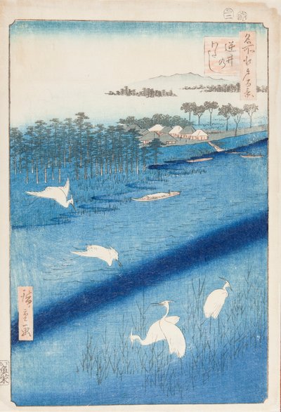 Vita hägrar vid floden Sakasai / Sakasai no watashi, bild 58 i serien: Hundra berömda vyer från Edo / Meisho Edo hyakkei av Utagawa Hiroshige