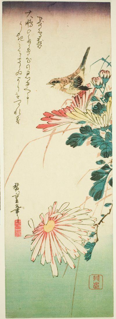 Fågel och krysantemum av Utagawa Hiroshige
