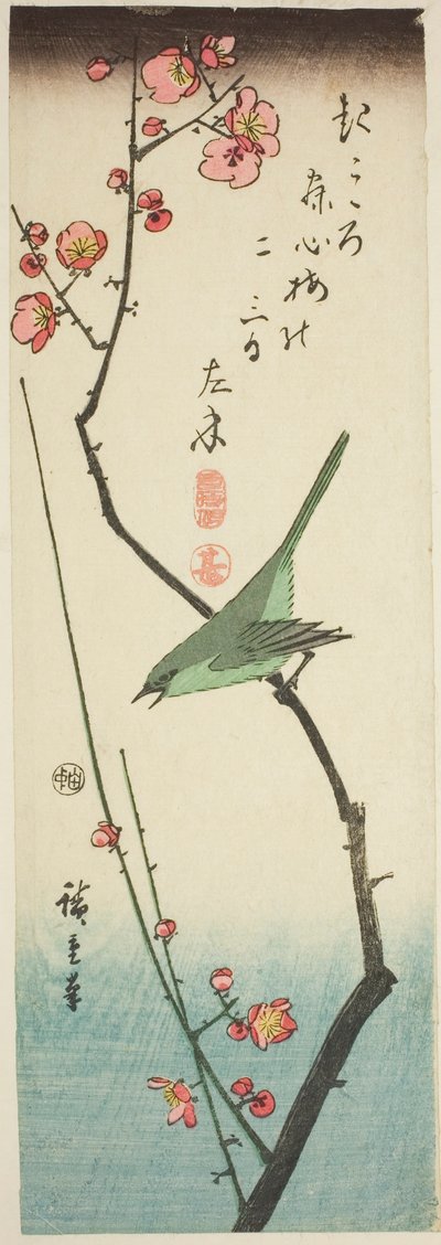 Busksångare på plommongren av Utagawa Hiroshige