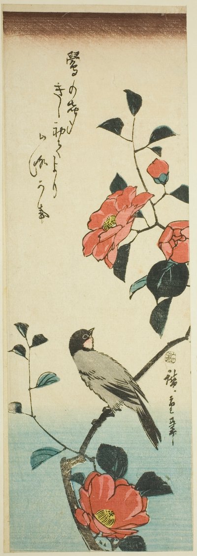 Kameliablommor och domherre av Utagawa Hiroshige