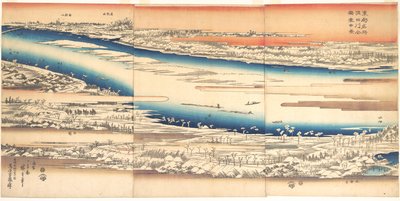 Berömda platser i den östra huvudstaden: Panoramavy över Sumidafloden i snö av Utagawa Hiroshige