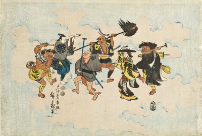 Gestalter ur Ōtsu-e-folkmålningar som dansar Bon-odori av Utagawa Hiroshige