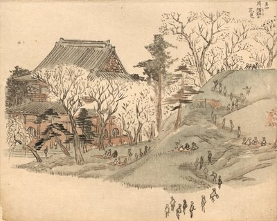 Körsbärsblomstskådning vid templet på berget Suribachi, enligt en illustration i volym 5 av ”Bildbok om souvenirer från Edo” (Ehon Edo miyage) av Utagawa Hiroshige