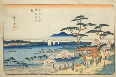 Körsbärsblommor i full blom längs floden Sumida (Sumidagawa hanazakari), från serien "Famous Places in the Eastern Capital (Toto meisho)" av Utagawa Hiroshige