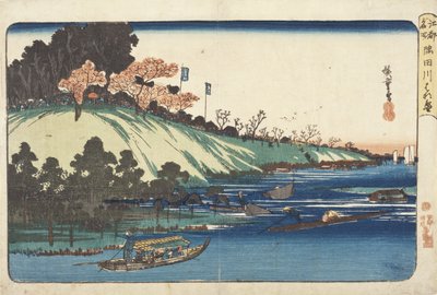 Körsbärsblommor i full blom längs Sumidafloden av Utagawa Hiroshige