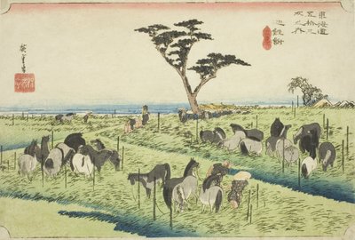Chiryu: Early Summer Horse Market (Chiryu, shuka uma ichi), från serien "Fifty-three Stations of the Tokaido (Tokaido gojusan tsugi no uchi)," även känd som Hoeido Tokaido av Utagawa Hiroshige