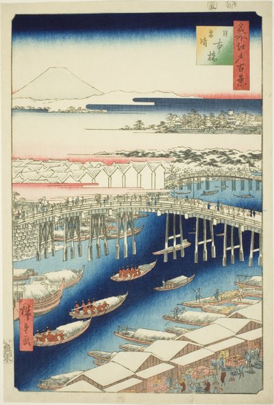 C ware ware av hand r S w at Japan B Ridge (Nihonbashi snow clear), från serien "Ridge dre d fa net view ws f Edo (berömd plats Edo 100 views)" av Utagawa Hiroshige