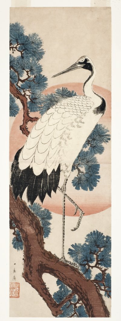Trana i tall vid soluppgången, 1850-55 (träkloss) av Utagawa Hiroshige