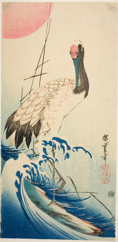 Trana, vågor och uppgående sol av Utagawa Hiroshige