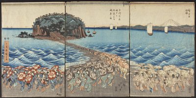 Folkmassor besöker Benzaiten-helgedomen i Enoshima i Sagamiprovinsen vid den särskilda visningen av Utagawa Hiroshige
