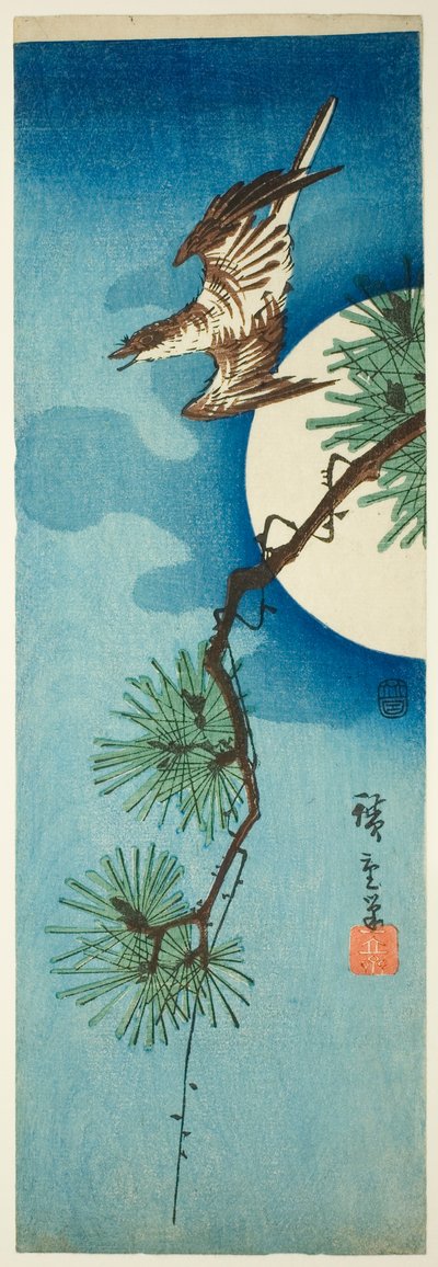Gök, tallgren och fullmåne av Utagawa Hiroshige