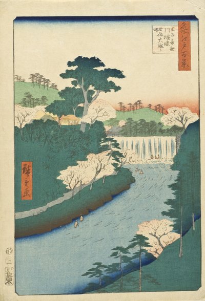 Damm i Otonashifloden vid Ōji, populärt känd som ”Stora vattenfallet” av Utagawa Hiroshige