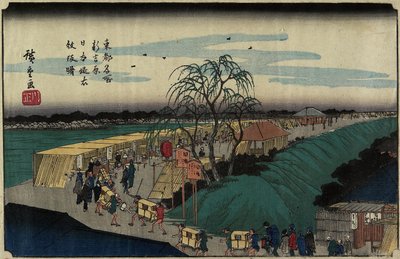 Gryning vid Emonzaka Hill i Nihon-zutsumi Bank, Shin-Yoshiwara, ca 1830 av Utagawa Hiroshige