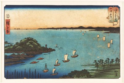 Hamnen vid Ajikawa i Settsu-provinsen, ur serien ”Sumobrottningsmatcher mellan berg och hav” av Utagawa Hiroshige