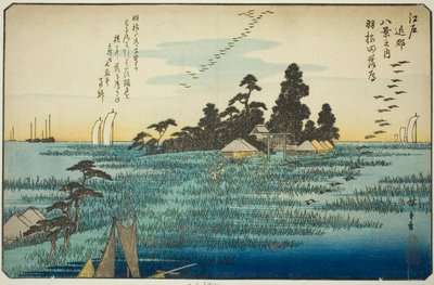 Nedfallande gäss vid Haneda (Haneda no rakugan), från serien "Eight Views in the Environs of Edo (Edo kinko hakkei no uchi)" av Utagawa Hiroshige