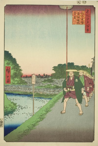 Avlägsen vy av Akasaka Reservoir från Kinokuni Slope (Kinokunizaka Akasaka Tameike enkei), från serien "One Hundred Famous Views of Edo (Meisho Edo hyakkei)" av Utagawa Hiroshige