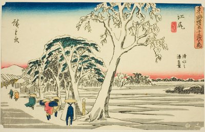 Ejiri: Distant View of Shimizu Harbour i klart väder efter snöfall (Ejiri, Shimizu no minato enbo, yukibare), från serien "Fifty-three Stations of the Tokaido (Tokaido gojusan tsugi no uchi)," även känd som Gyosho Tokaido av Utagawa Hiroshige
