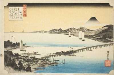 Evening Glow at Seta Bridge (Seta no sekisho), från serien "Eight Views of Omi (Omi hakkei no uchi)" av Utagawa Hiroshige