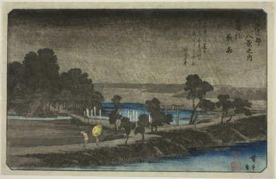 Evening Rain at Azuma Shrine (Azuma no mori yau), från serien "Eight Views in the Environs of Edo (Edo Kinko hakkei no uchi)" av Utagawa Hiroshige
