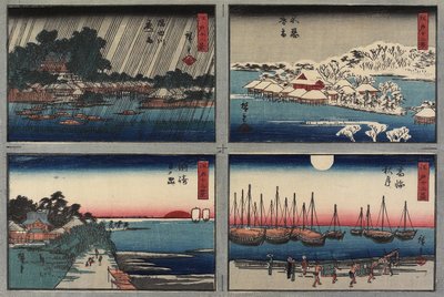 Kvällssnö vid Shinobazu, Höstmåne vid Takanawa, Soluppgång vid Susaki, Nattregn vid Sumidafloden, 1843-1847 av Utagawa Hiroshige