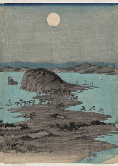 Kvällsvy över de åtta kända platserna nära Kanazawa under fullmåne i Musashi-provinsen av Utagawa Hiroshige