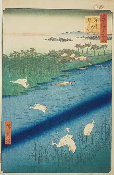 Färjekorsning vid Sakasai (Sakasai no watashi), nr 67 från serien "Hundra berömda vyer över Edo (Meisho Edo hyakkei)" av Utagawa Hiroshige