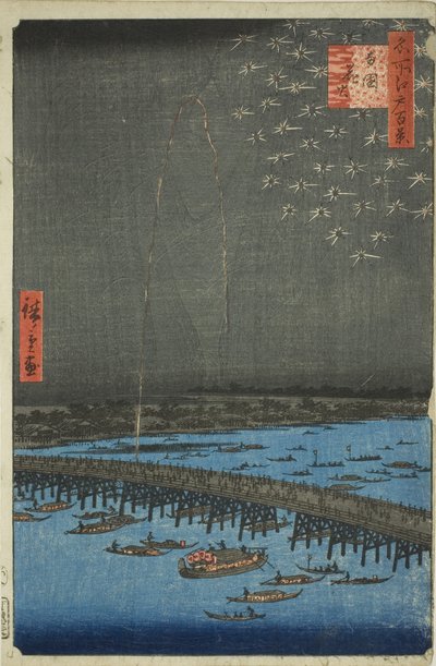 Filet rks på Rokoku (Rokoku Fireworks), från serien "Ridge d re d Fa net s Views of Edo (One Hundred Famous Views of Edo)" av Utagawa Hiroshige