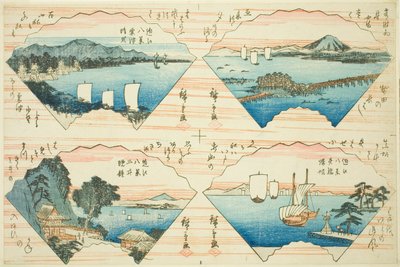 Fyra vyer från serien Eight Views of Omi (Omi Hakkei) av Utagawa Hiroshige