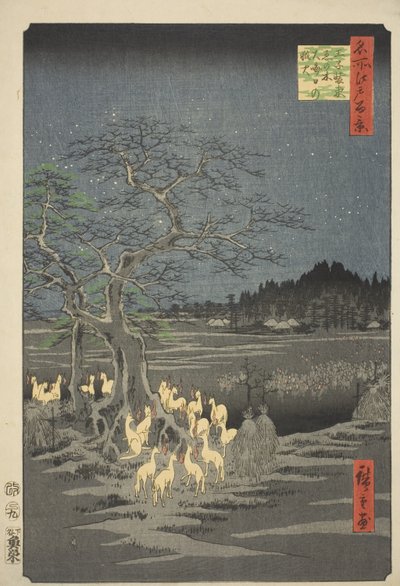 Räveldar på nyårsafton vid det skiftande trädet i Oji (Oji shozoku enoki omisoka no kitsunebi), från serien "Hundra berömda vyer av Edo (Meisho Edo hyakkei)" av Utagawa Hiroshige