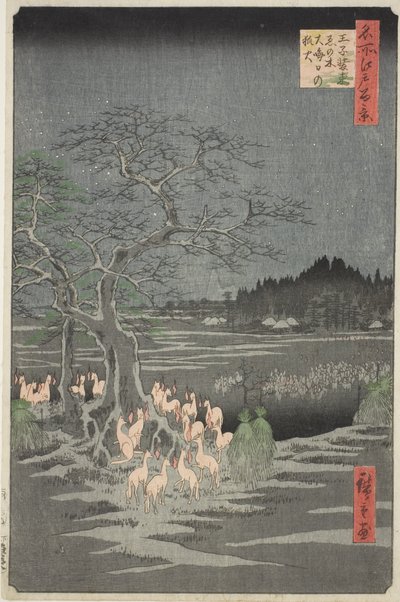 Räveldar på nyårsafton vid det skiftande trädet i Oji (Oji shozoku enoki omisoka no kitsunebi), från serien "Hundra berömda vyer av Edo (Meisho Edo hyakkei)" av Utagawa Hiroshige